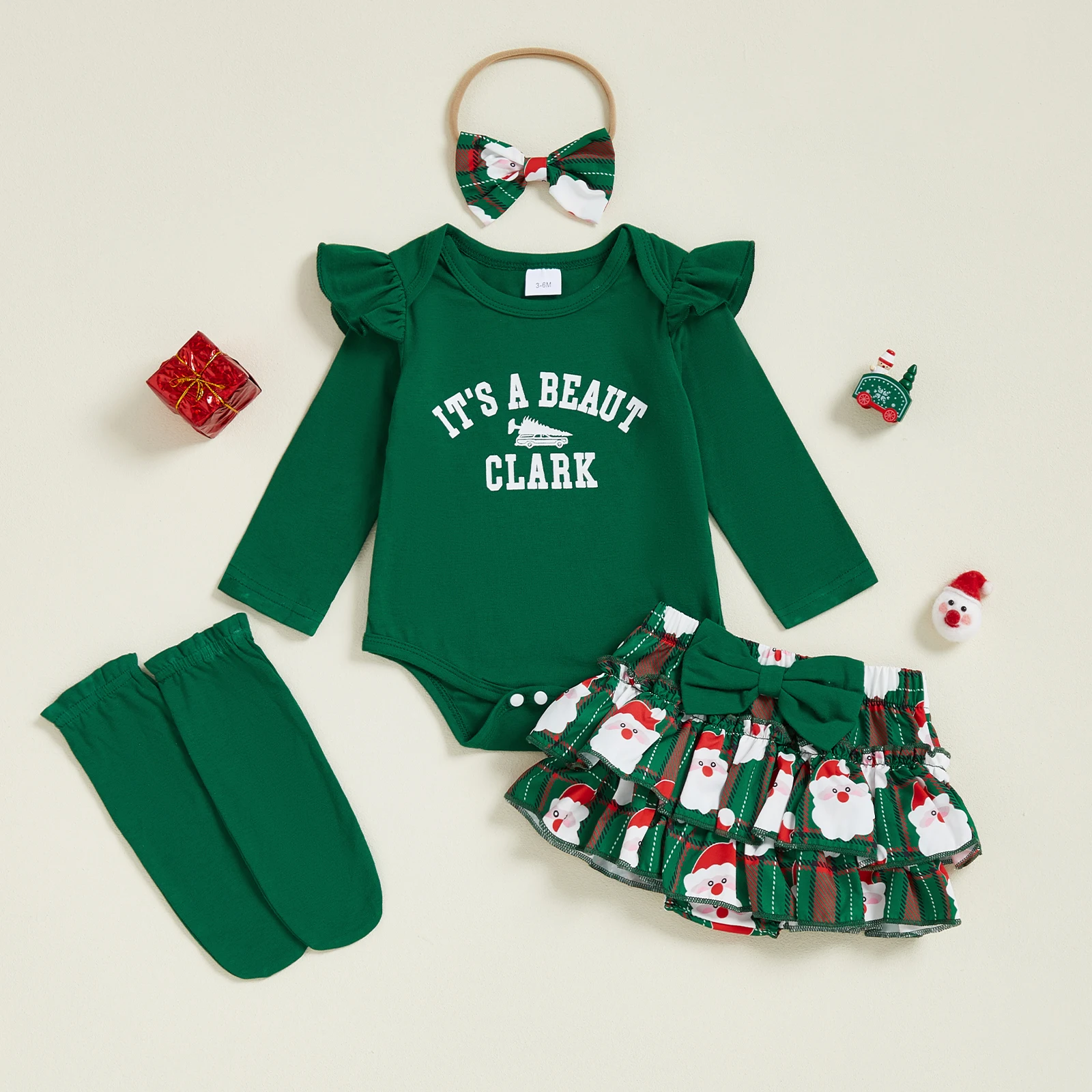 

0-18 Months Baby Girl Christmas Outfit Letter Print Long Sleeve Romper Santa Skirt Bow Headband Long Socks Set