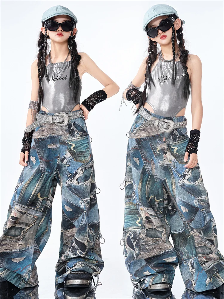 Ropa de Hip Hop para niñas, traje de baile callejero de Jazz para niños, chaleco plateado con entrepierna, pantalones de cimitarra azul, traje de actuación infantil