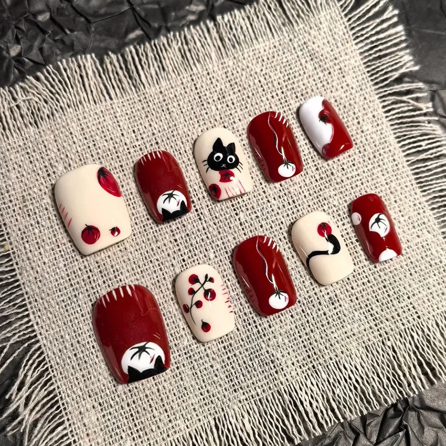 

24pcs Adorable Cartoon Pumpkin Cat with Funny Looks Press on Nail Square Artificial Fake Nails Seamless Removable False Nail