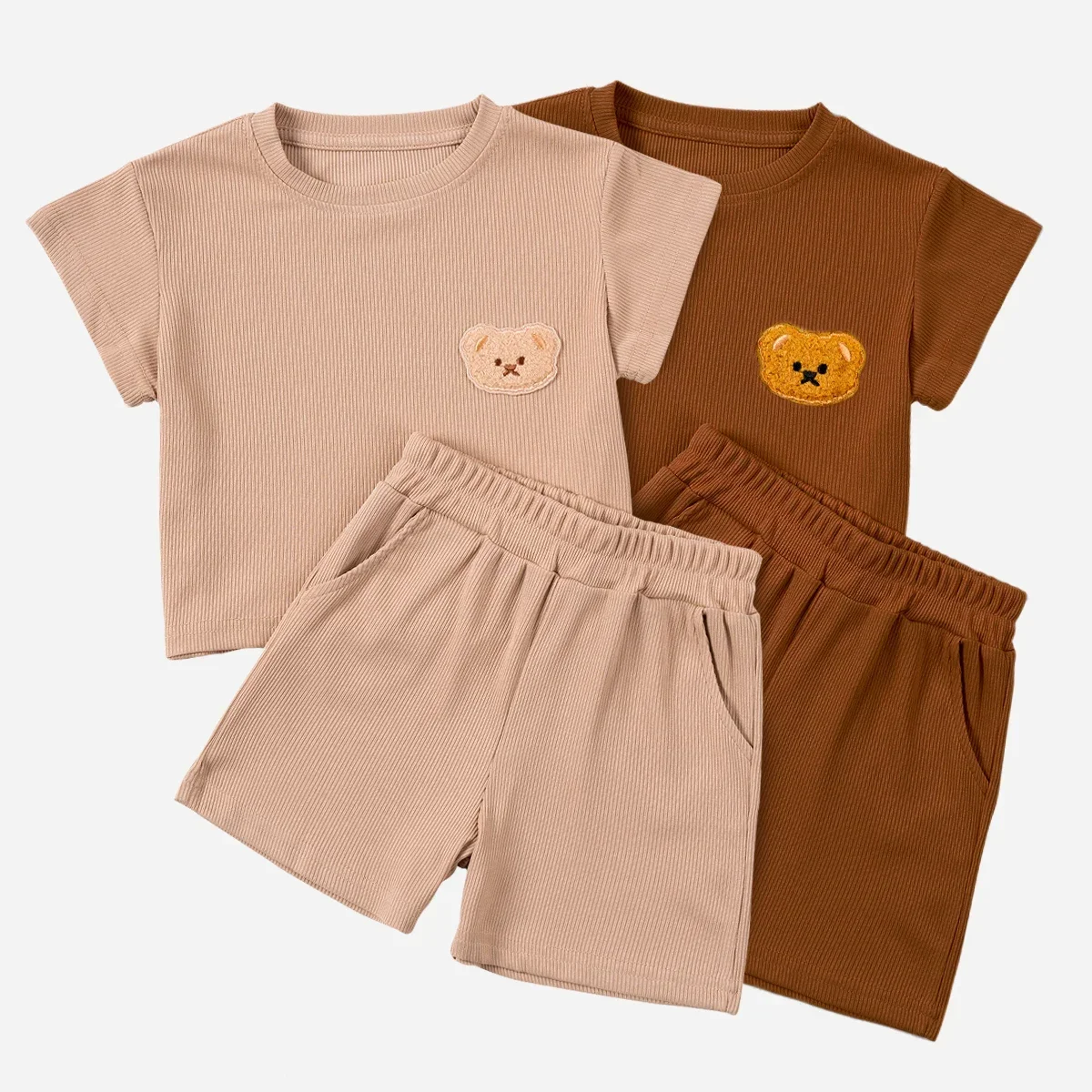 Summer Children\'s Casual Set,cute Bear Head Pattern Solid Color Top+Shorts,daily Leisure and Entertainment Boys and Girls Set