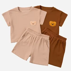 Summer Children's Casual Set,cute Bear Head Pattern Solid Color Top+Shorts,daily Leisure and Entertainment Boys and Girls Set