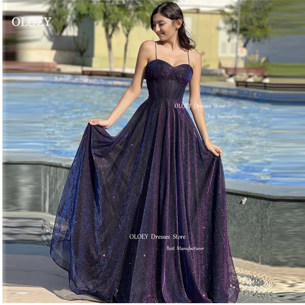 OLOEY Sparkly Shiny Dark Purple Long Dresses Spaghetti Straps Boning Fitted Slim Glitter Prom Gowns Customised Formal Party