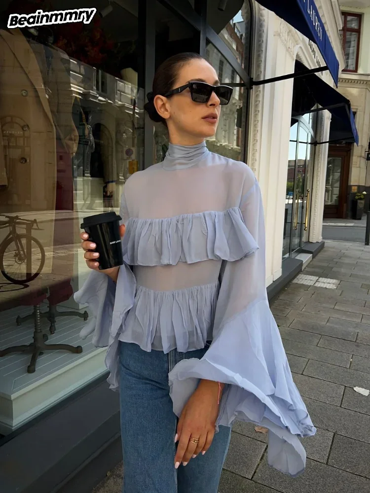 

2025 New Solid Layered Lotus Leaf Edge See Through Blouse Elegant Flare Sleeve Scarf Collar Gauze Top Women Fashion Loose Shirts