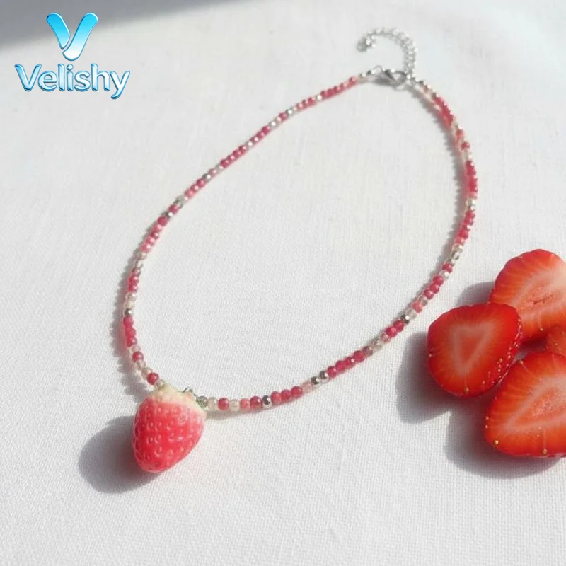 Handmade Bohemian Fruit Pendant Necklace for Women Tiny Rice Beads Choker Lightweight Jewelry for Daily Dating