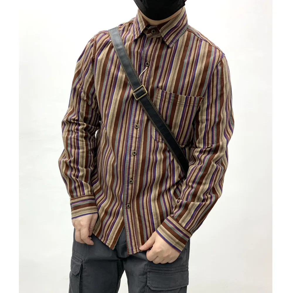 Mens Premium Twill Shirts Loose Fit Amikaki Ethnic Style Colorful Striped Shirt Long Sleeve Workshirt Cotton Workwear Jacket