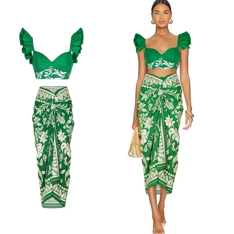 New Summer Women 2 Piece Set Print Flower Boho Holiday Style Sexy Green Spaghetti Strap+Boho Party SKirts Sets