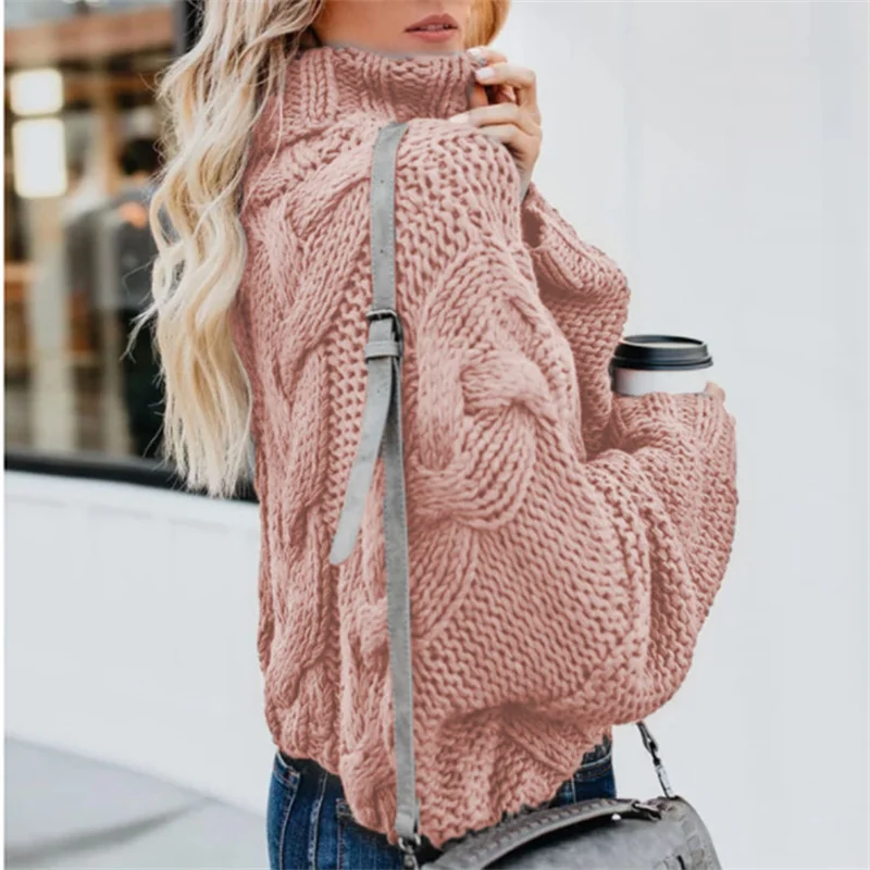 Womens Soft Comfy Cable Knit Turtleneck Pullover Sweaters  Turtle Cowl Neck Solid Color Loose Long-sleeved Twist Short Sweater