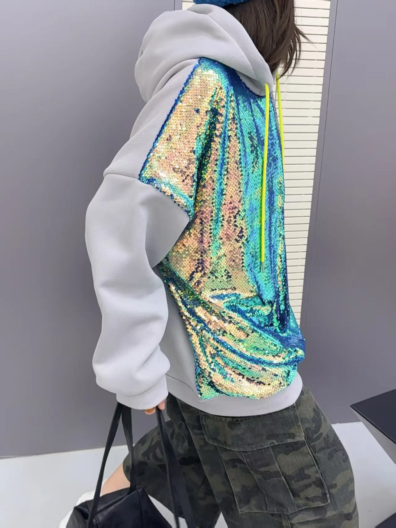 스팽글 패치워크 오버사이즈 후드티 여성 Y2K 의류 2025 겨울 플리스 캐주얼 루즈 풀오버 아우터웨어 가슴둘레140cm