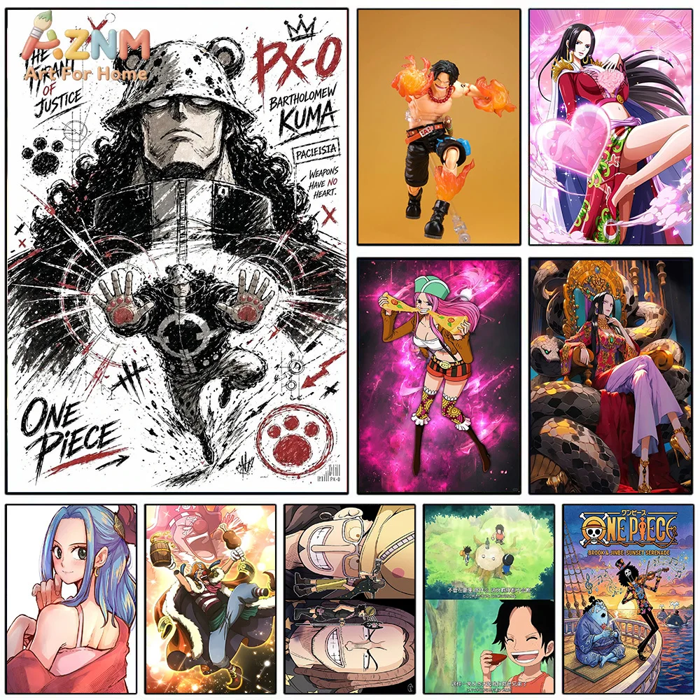 AZNM Tableau mural en toile One Piece Anime Bartholomew Kuma Portgas D Ace Boa Hancock Perona Nefertari Vivi Buggy Brook Impression HD encadrée
