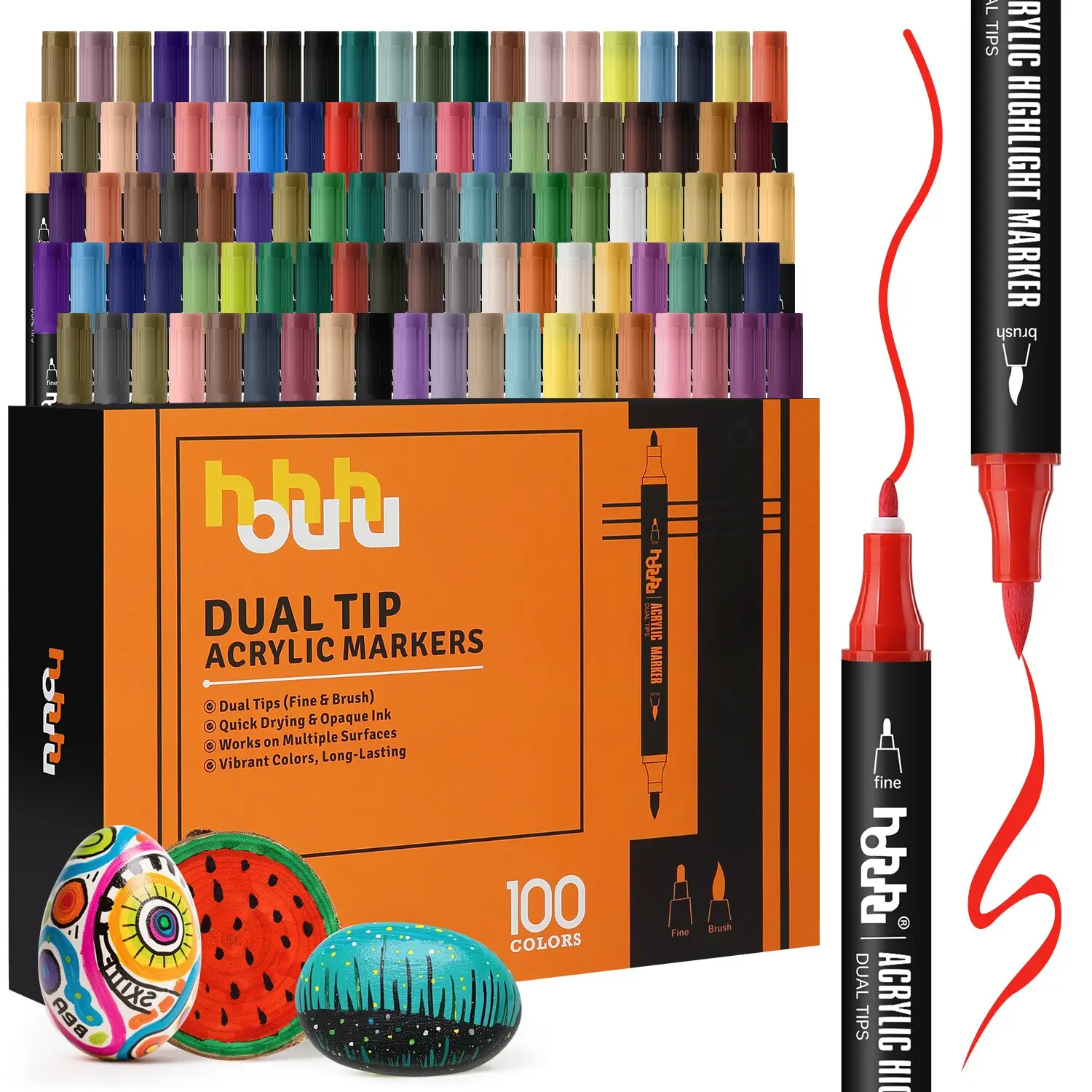 

100 Acrylic Paint Markers for Rock, Fabric, Wood, Glass, Craft, Decoration - Dual-Tip Paint Pens - Stocking Stuffers, Christmas