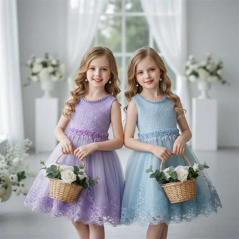 Girls Princess Style Dresses Children Sleeveless Lace Beading Mesh Birthday Party Evening Formal Gown Ball Kids Elegance Skirt