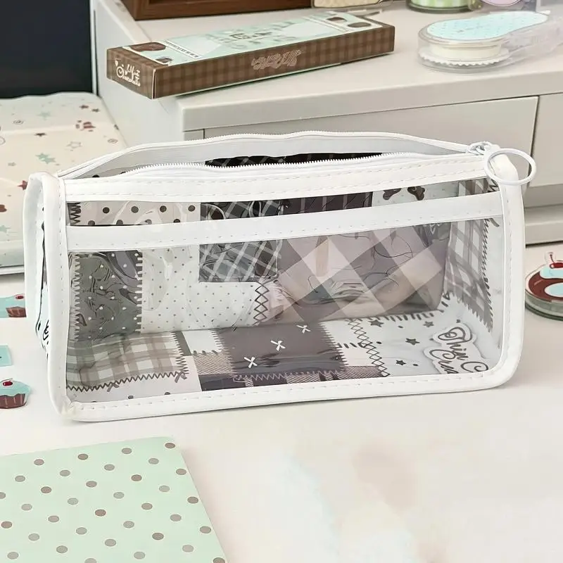 Vintage Plaid Transparent Pencil Case Large Capacity Student Stationery Zipper Pen Bag Storage Bag Ins Transparent Pencil Case