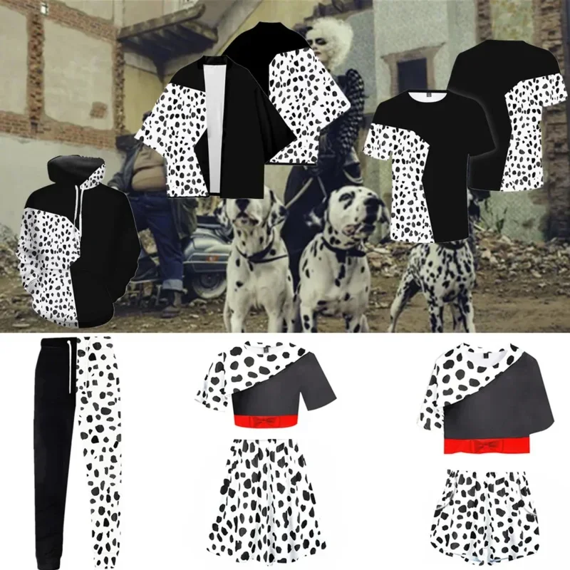 QQ8 Film Cruella De Vil Kostüm Cosplay Kleid Hoodie Hemd Umhang Frauen Schwarz Weiß Gefleckt Anime 101 Dalmatiner Leistung 5Lk¥