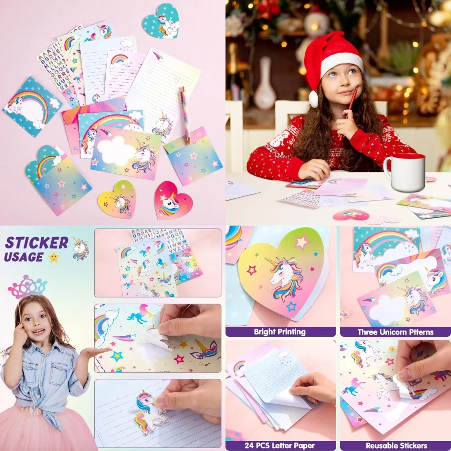 مجموعة قرطاسية WERNNSAI Unicorn - طقم ورق كتابة ومغلف مكون من 69 قطعة للفتيات طقم ورق كتابة الحروف مثالي لعيد الميلاد #1