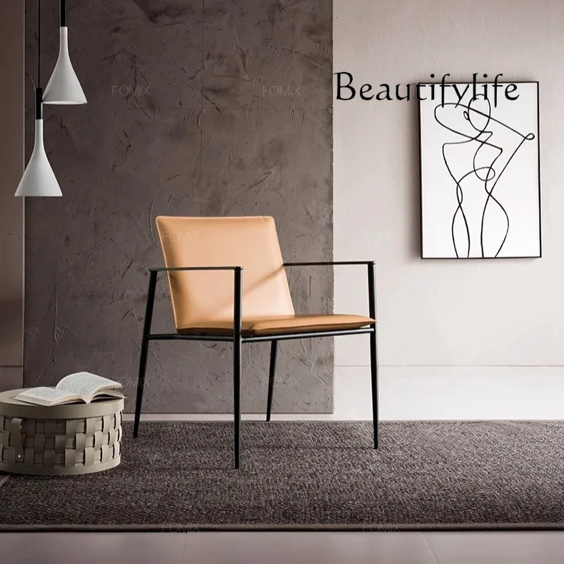 

Italian minimalist single leisure chair designer home high-end light luxury stainless steel saddle leather dining chair