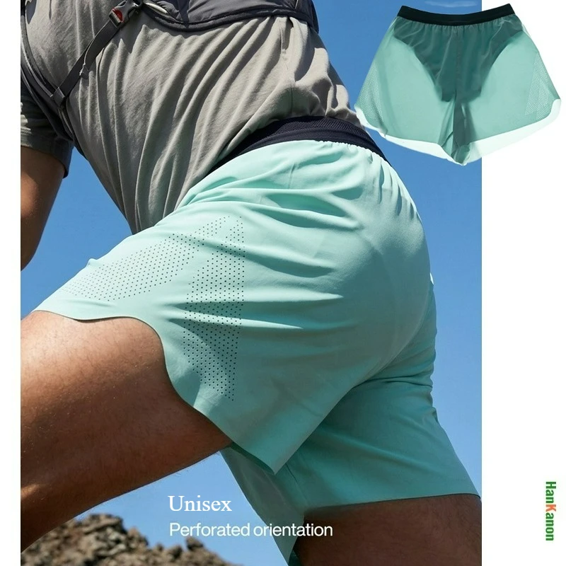 Men’s Laser-Cut 2-in-1 Running Shorts – High-Stretch Breathable Mesh with Artificial Perforations Outdoor Fitness & Gym Workouts
