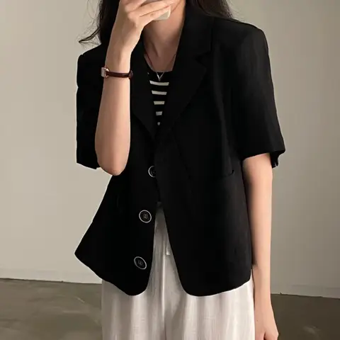 세련된 반소매 정장 재킷 여성 여름 새로운 얇은 소금 시스템 겉옷 셔츠 스타일 싱글 버튼 클로저 스트레이트 컷