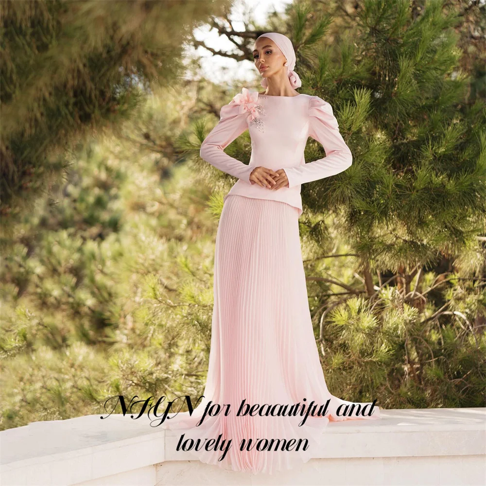 NFYN Pink Party Dress Off the Shoulder Long Sleeve Evening Dress with 3D Flowers and Crystal Prom Gown فساتين سهره Customized