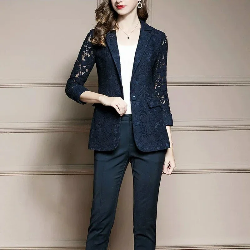 Women Lace Hollow Out Thin Blazers Elegant Single Button Long Sleeve Casual Suits Spring Summer New Fashion Oversized Blazers