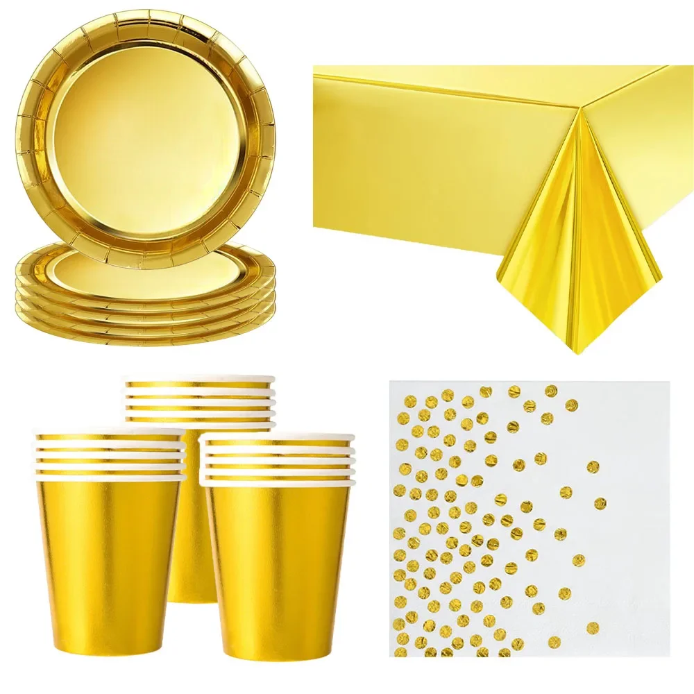 Goldenes Party Einweg-Geschirrset Goldene Pappteller Becher Servietten Tischdecke Erwachsene Hochzeit Geburtstag Dekorationen Zubehör