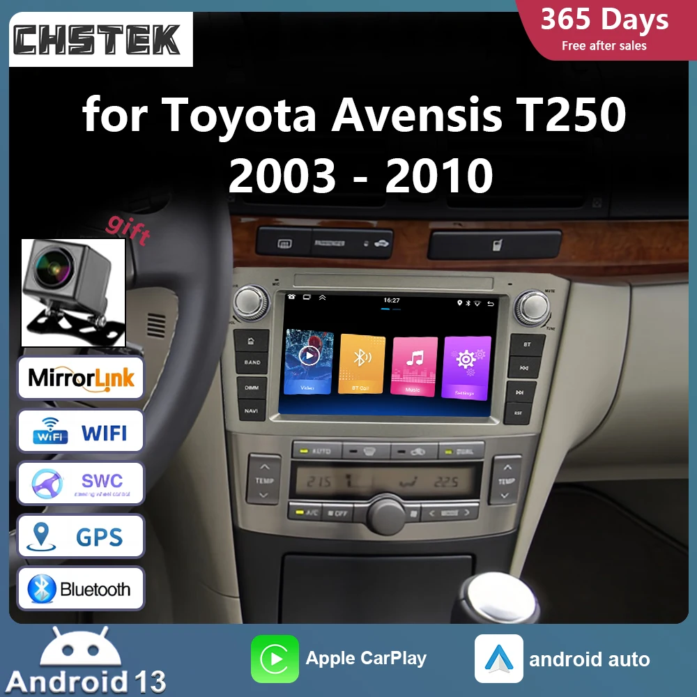 CHSTEK Car Player Radio for Toyota Avensis T250 2003-2010 Carplay Android Auto Bluetooth Wifi Silver Media interior navigator