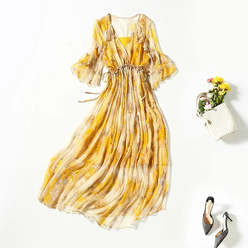 

100% Silk Dress Women Summer 2024 Floral Long Dress Female Beach Elegant Ladies Dresses Two-piece Vestido De Mujer Pph5034