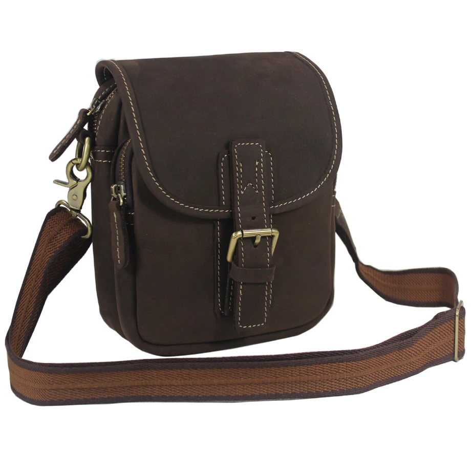 Vintage Crazy Horse Leather Men's messenger bag Genuine Leather shoulder bag for man Crossbody Bag Small Sling Casual Bag Brown