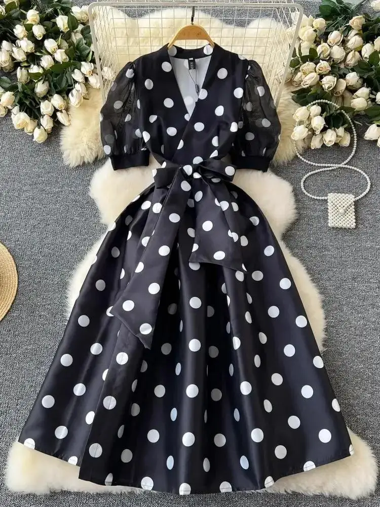 Sommer Elegante Dot Party Midi Kleider Französisch Prinzessin Chic Puff Sleeve Abend Party Vestidos Lace Up Wrap Big Hem Robe Kleidung
