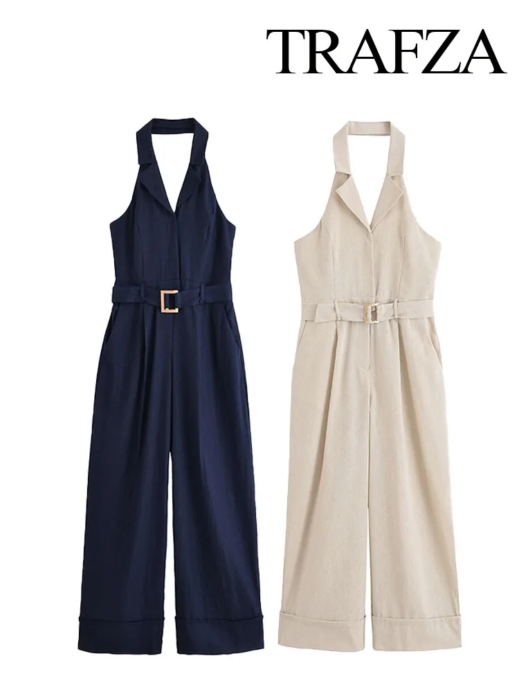 

TRAFZA Female Fashion Sleeveless Jumpsuits Solid Turn-Down Collar Belt Decoration Single-Breasted Woman Summer Backless Jumpsuit