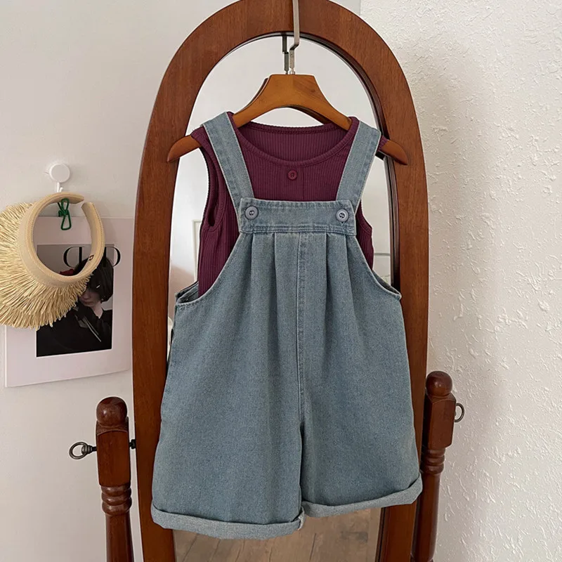 

new summer girl clothes 2pc/set top vest+ denim Camisole pants children baby kids students fashion 90-150 3-9year fashion