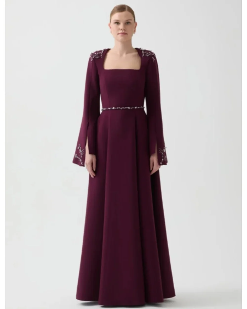 

Customized Formal Evening Dresses Square Neck Long Sleeves Beading A-line Prom Dresses Classic Retro Women Pleat Party Dresses