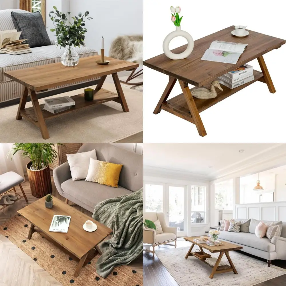 Rustic Farmhouse Style Solid Fir Wood Coffee Table - 42.5 Rectangle Wooden Living Room Furniture with Rustic Charm