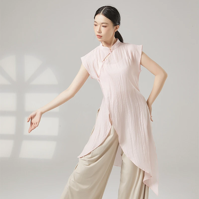 Classical Dance Costumes Women Vintage Qipao Collar Hanfu Tops Long Dress Short Sleeve Shirt Irregular Hem Performance Clothes