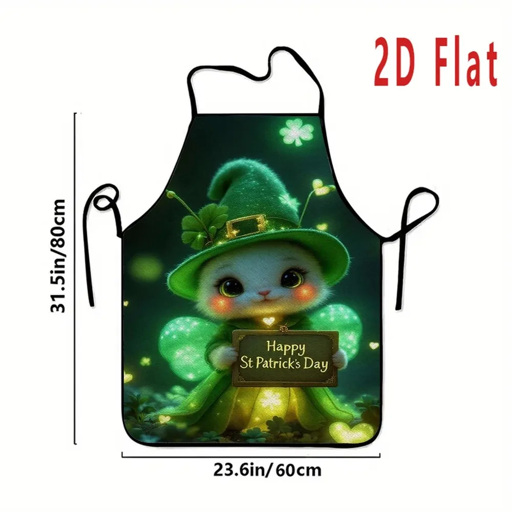Happy St Patrick Day Apron Cute Green Leprechaun Cat Shamrock Print Kitchen Cooking Baking Bib Peach Skin Pinafore Women Kids