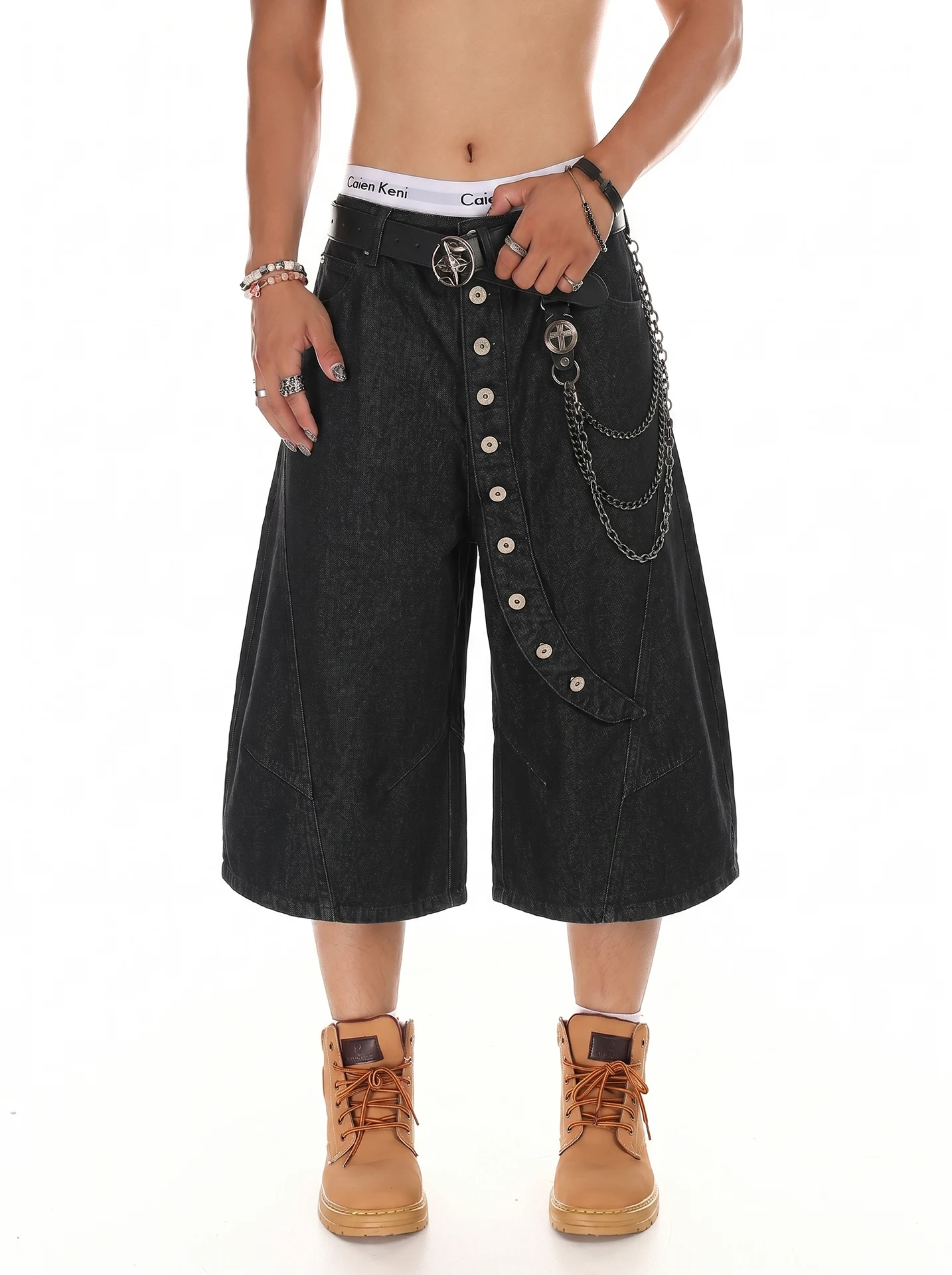 

Retro Washed American High Street Men's Loose Wide Leg Seven-Foot Jeans Button Design Summer Casual Straight Cut Jeans
