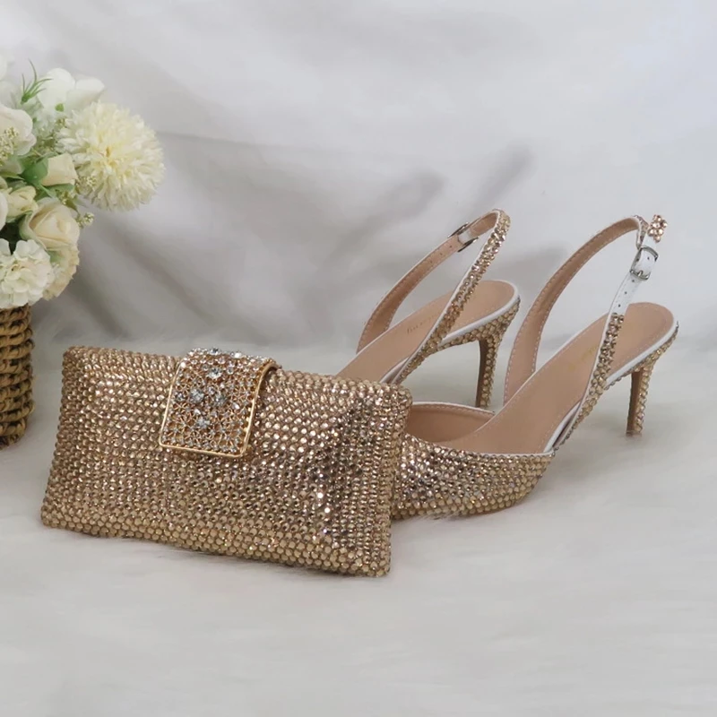 Summer Women Pointed Toe Wedding Shoes and bag set Bridal Champagne Gold Sandals Thin heels 9cm Slingbacks High Pumps Handbag