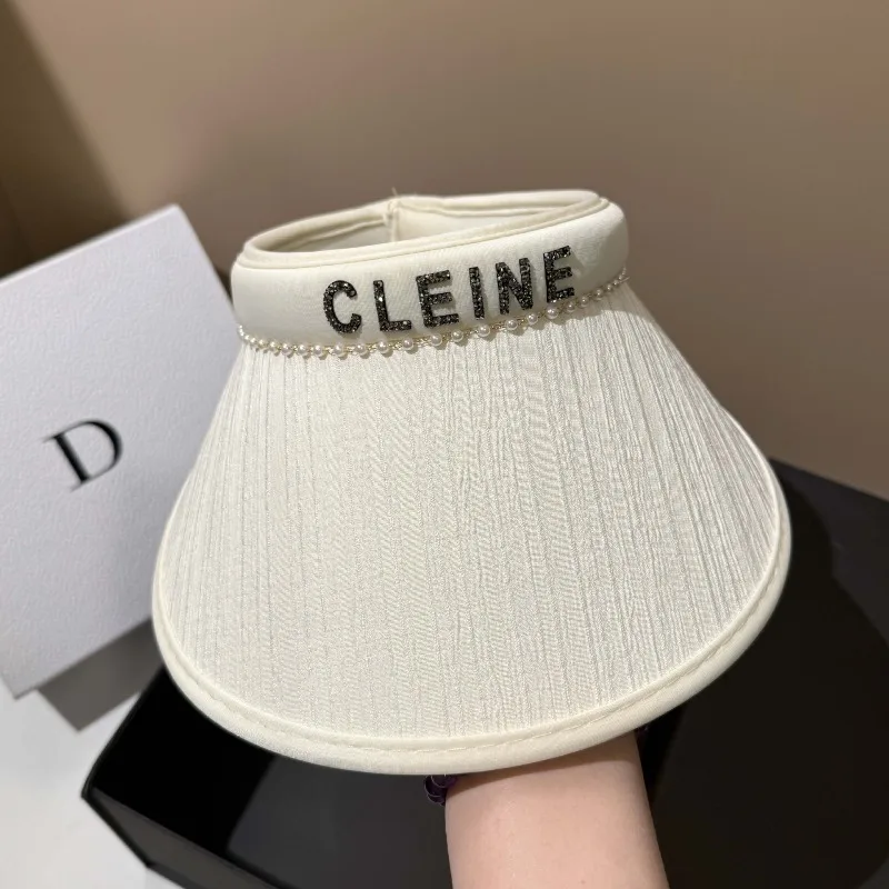 

Korean Luxury Sun Visor Women Pearl Chain Adjustable UV Protection Wide Brim Beach Hat Summer Outdoor Vacation Free Shipping​​