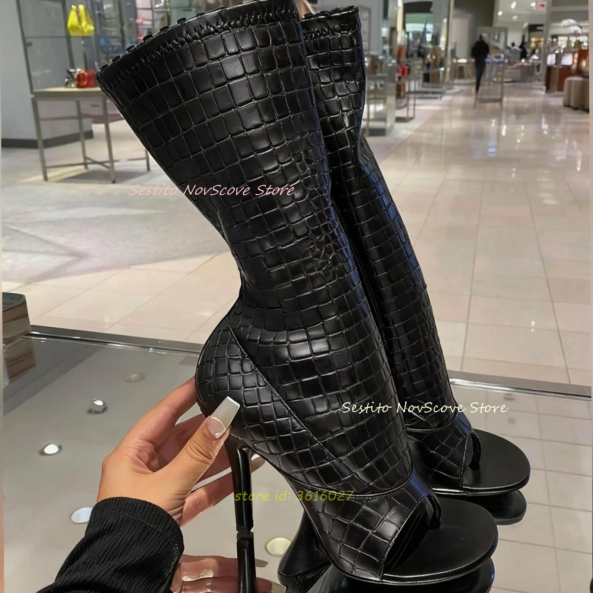 

Black Snake Skin Pattern Open Toe Sandals Flip Flops Mid-Calf Leather Sandals Boots Stiletto High Heels Sexy Women Party Shoes