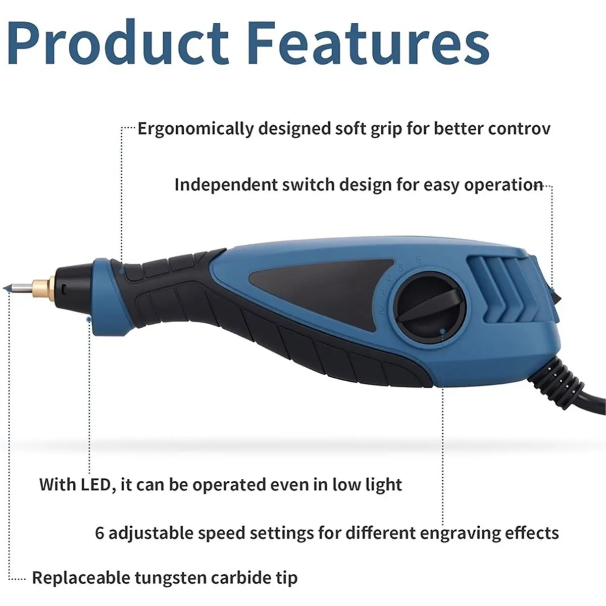 Engraver Pen,6 Speed Handheld Engraving Tool for Metal Wood Glass Plastic with LED Light & Carbide Bit EU
