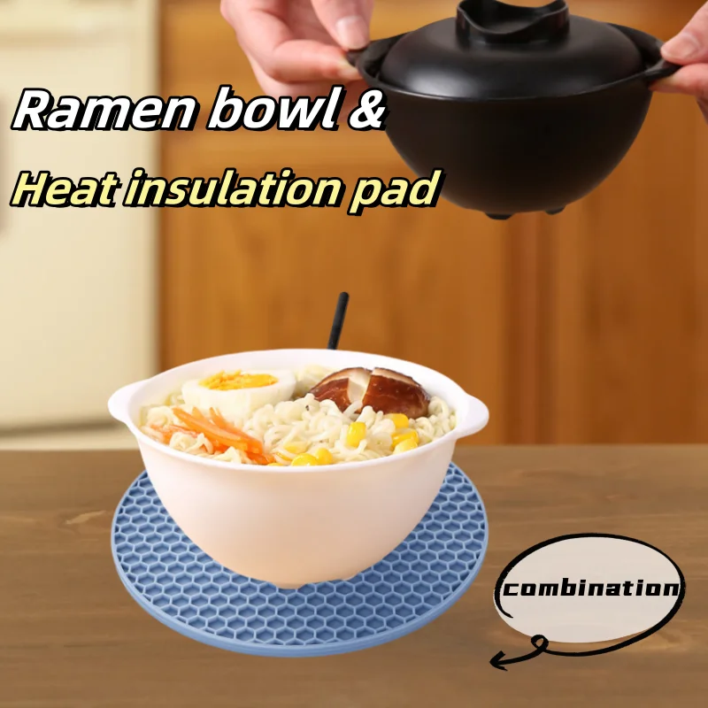 Noodle Bowl and Heat Pad Combination with Lid Double Ear Noodle Bowl Can Be Heated in The Microwave Lunch Box Hot Noodle Bowl