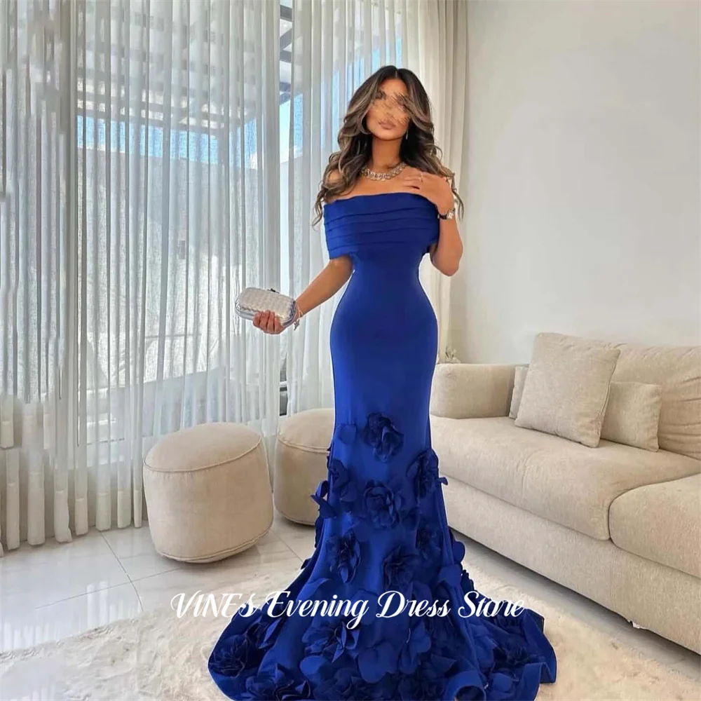 

VINES Blue Prom Dress Off the Shoulder Mermaid Celebrity Dress with 3D Floral Hem Evening Dresses Satin Formal Gown Customized