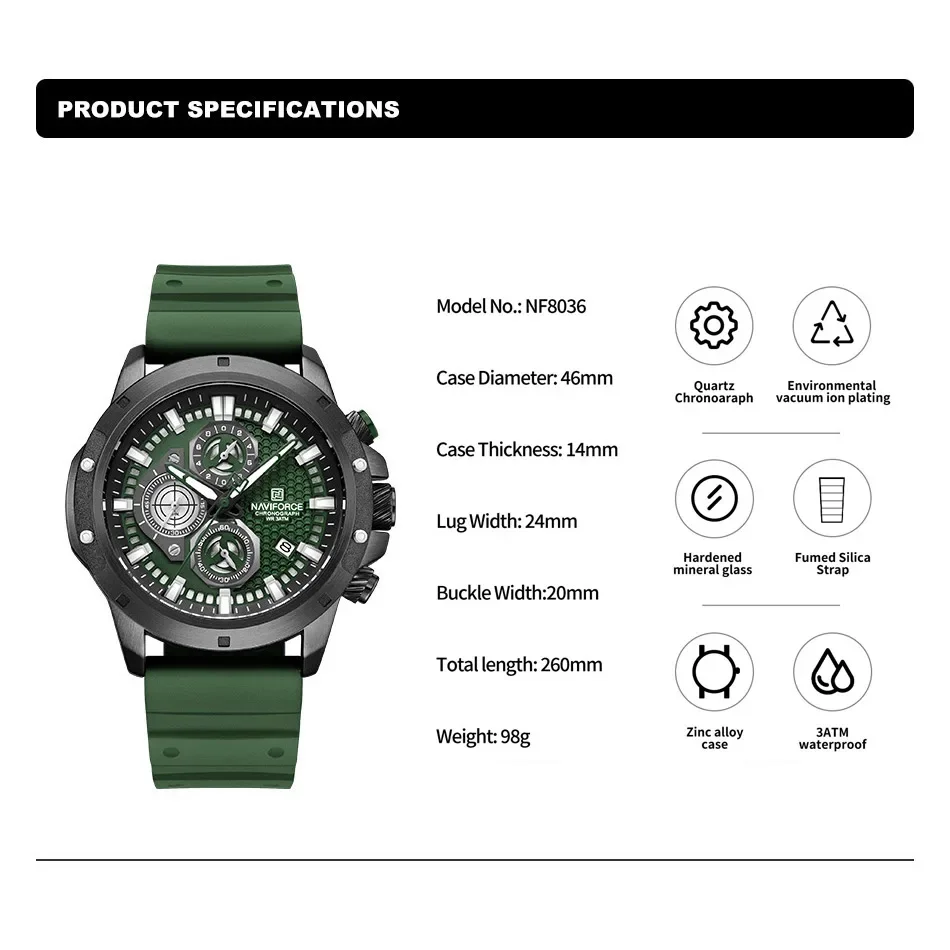 NAVIFORCE Casual Sport Wristwatch for Men Luxury Fashion Waterproof Clock Silicone Strap Chronograph Quazt Watches Reloj Hombre