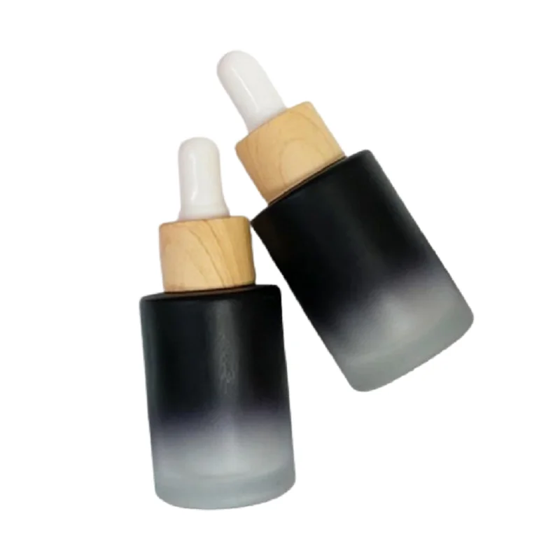 15pcs/lot Empty 30ml Glass Dropper Bottle Essential Oil Pipette Vial False Wood Plastic Lid Frost Black Cosmetic Container