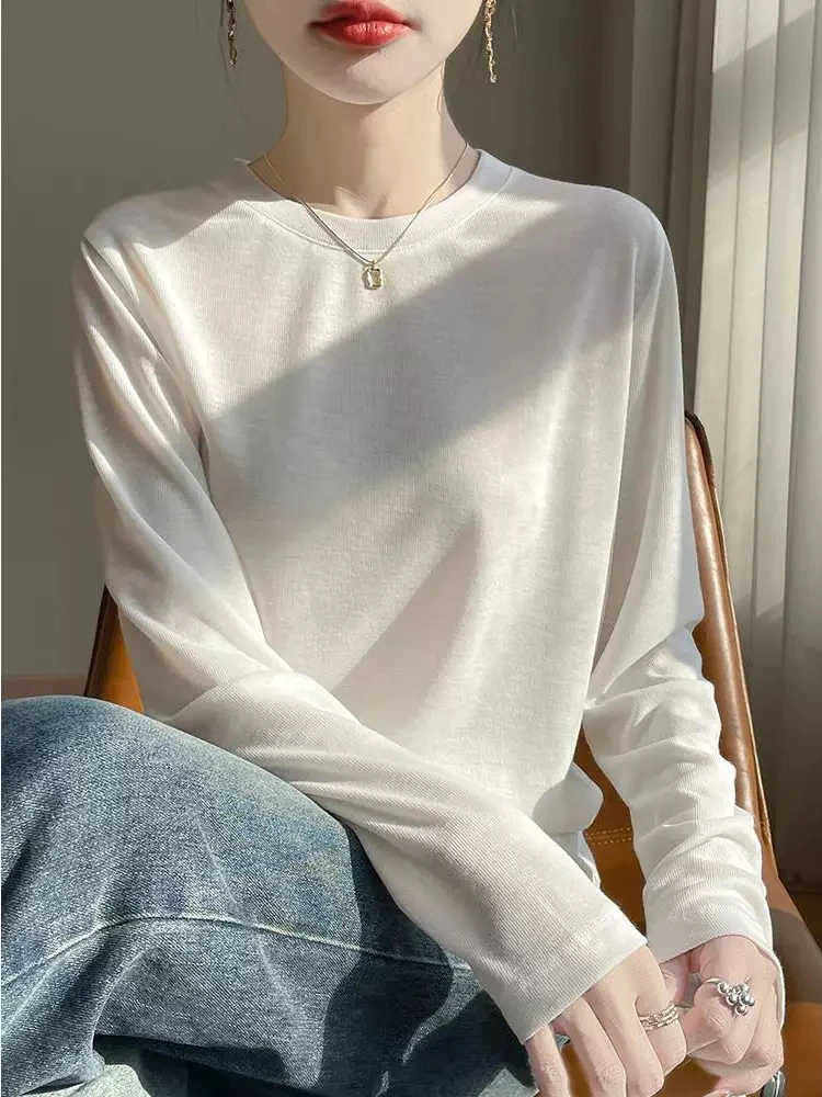 Spring Summer Thin Long Sleeve round Neck Breathable Lyocell  Loose Pure Color Versatile Semi-Transparent Knitted Top