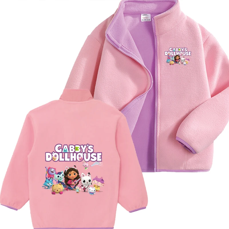 Gabby Dollhouses Baby Girls Pink Hoodie Sweatshirts Long Sleeve Fleece Two-sided Zipper Tops Clothing Autumn Winter Warm Clothes