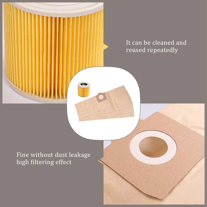 5X Dust Bag 1X Filter For KARCHER WD3 Premium WD 3,300 M WD 3,200 WD3.500 P 6,959-130 Vacuum Cleaner