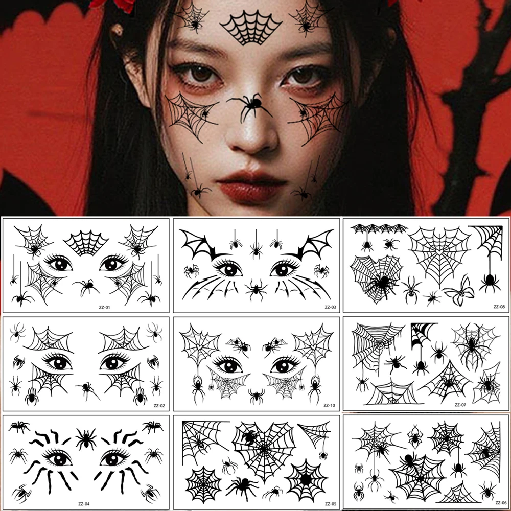 10 قطع من ملصقات وشم العنكبوت على شكل شبكة العنكبوت وشم مزيف للنساء والرجال ومكياج الوجه والحواجب وشم مؤقت لحفلات الهالوين