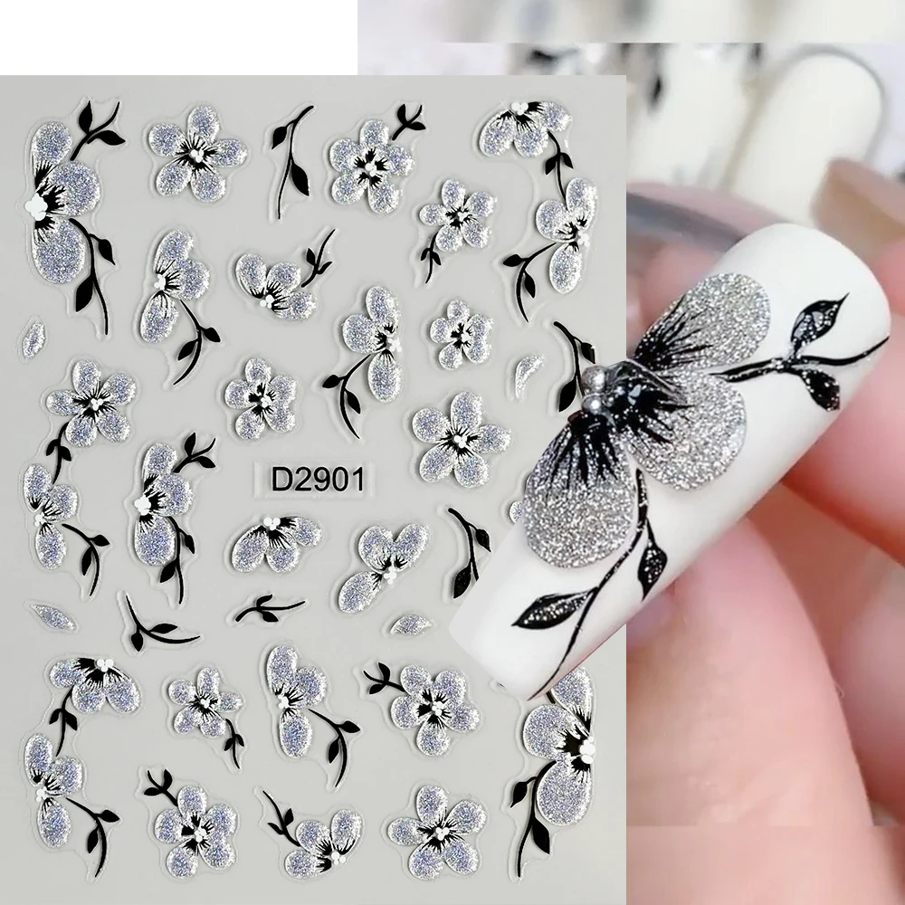 

5D Silver Glitter Flower Nail Art Stickers Sparkling Sakura Floral Nail Decals Self-Adhesive Spring Summer Manicure Sticker Deco