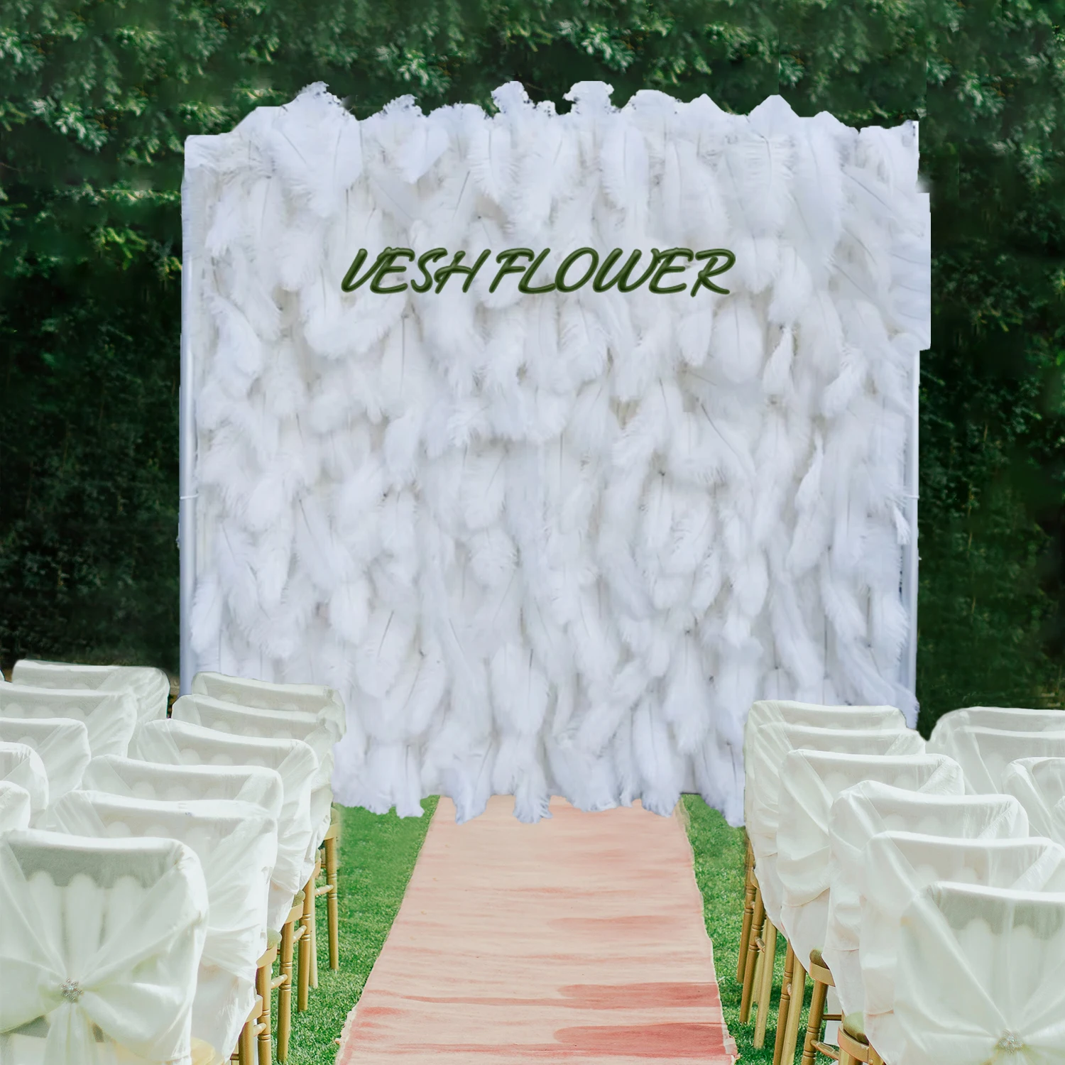 

Feather 3D luxury white feather fabric artificial flower wall proposal wedding background decor Birthday party event