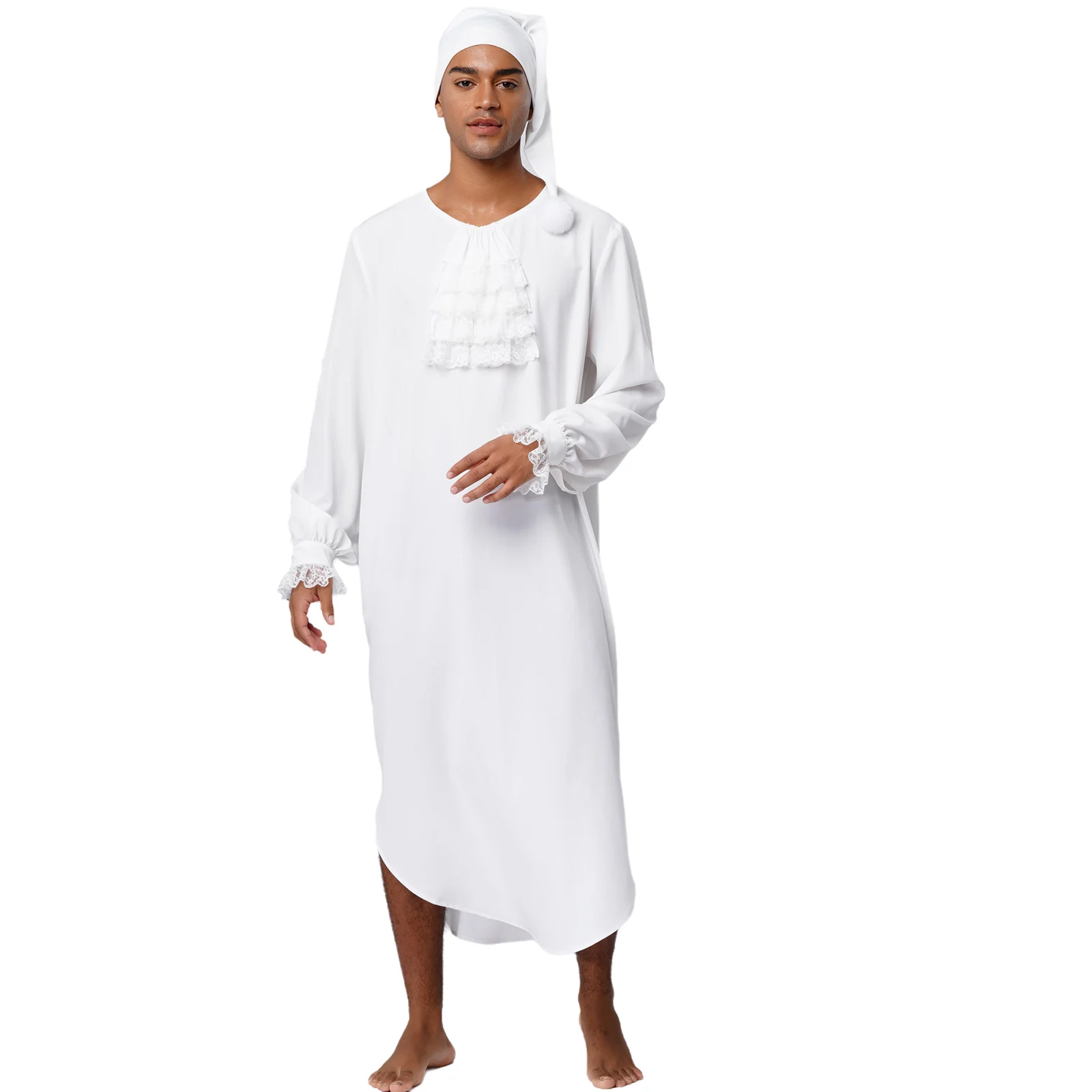Men Long Sleeve Victorian Style Lace Trim Nightgown Soft Loose Sleep Robe with Nightcap Pajama Nightwear Sleepwear Homewear